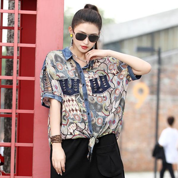 women's jackets fashion brand 2021 summer style temperament printing shirt denim chiffon splicing cut-out versatile short sleeve top, Black;brown
women's jackets fashion brand 2021 summer style temperament printing shirt denim chiffon splicing cut-out versatile short sleeve top, Black;brown