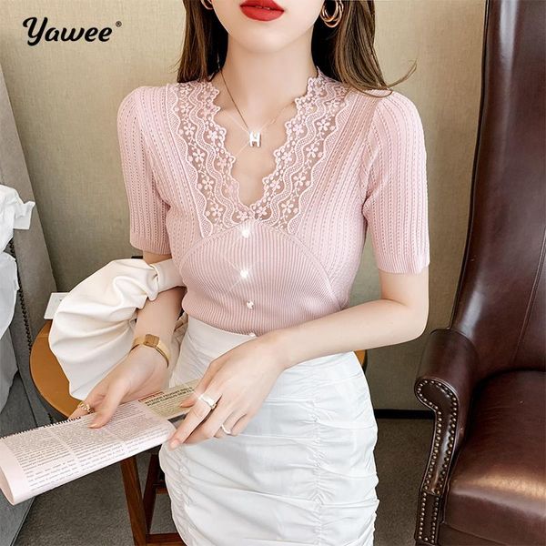 women's t-shirt women knitted t shirt summer deeo v neck slim short sleeve hollow out tees casual ruffles solid pullover female, White
women's t-shirt women knitted t shirt summer deeo v neck slim short sleeve hollow out tees casual ruffles solid pullover female, White