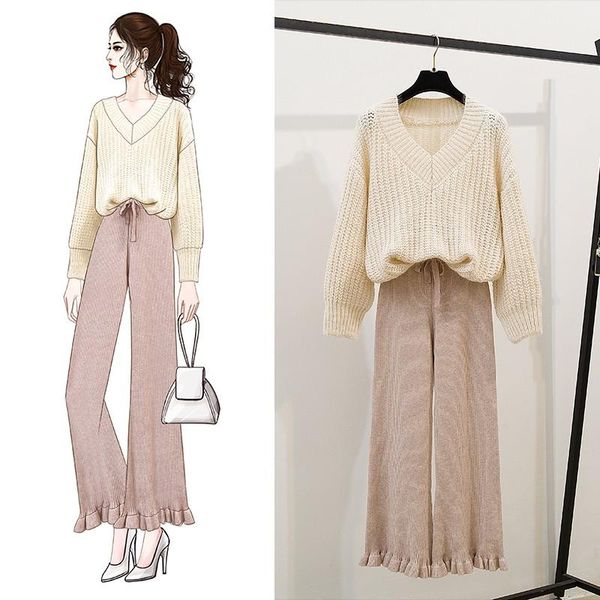 two piece dress autumn winter 2 pcs set women thick knit wide leg flare pants + v-neck sweater sets trousers suit for, White
two piece dress autumn winter 2 pcs set women thick knit wide leg flare pants + v-neck sweater sets trousers suit for, White