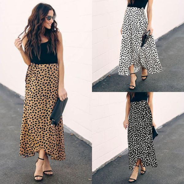 skirts printed asymmetric women's 2021 summer high waist wave point printing slit long skirt, Black