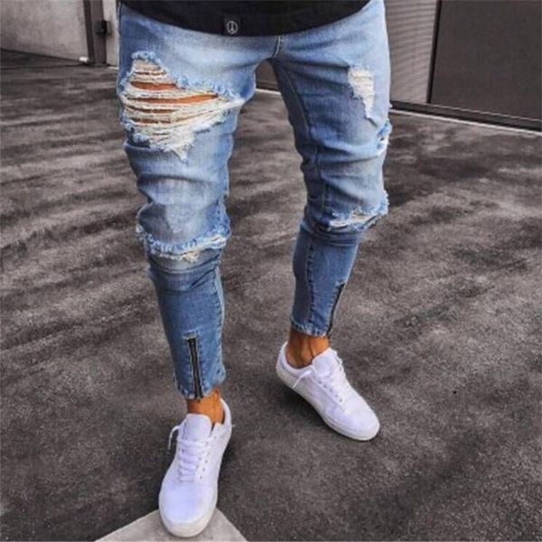 men's denim pants ripped hole slim jeans men fashion hip hop skinny pencil for stretch elastic ankle zipper, Blue
men's denim pants ripped hole slim jeans men fashion hip hop skinny pencil for stretch elastic ankle zipper, Blue
