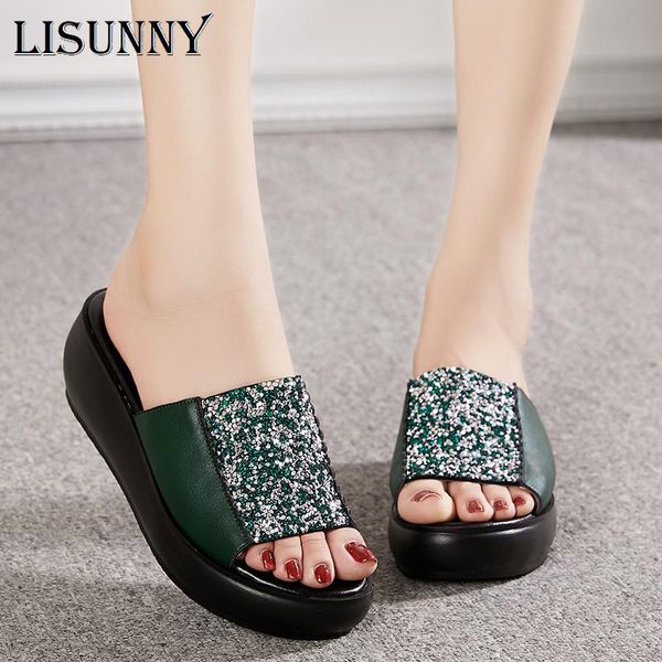 slippers lisunny women summer 2021 fashion outside genuine leather wedges platform high heel slides, Black
slippers lisunny women summer 2021 fashion outside genuine leather wedges platform high heel slides, Black