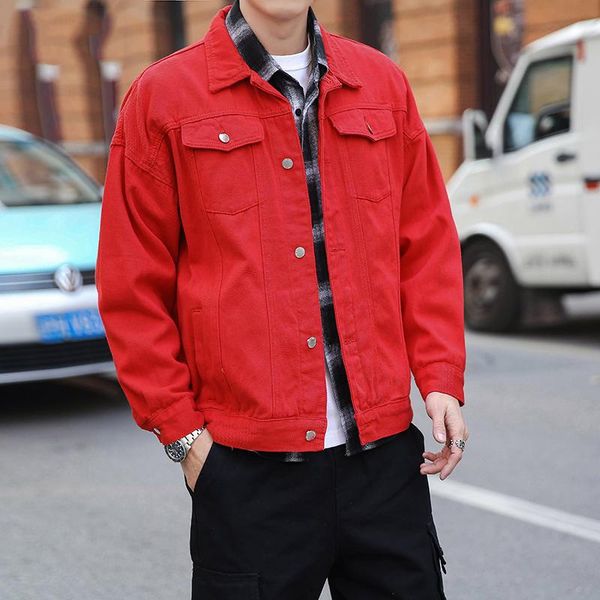 men's jackets pure cotton single breasted long sleeve vintage japanese denim coat autumn solid color red loose jean outwear, Black;brown
men's jackets pure cotton single breasted long sleeve vintage japanese denim coat autumn solid color red loose jean outwear, Black;brown