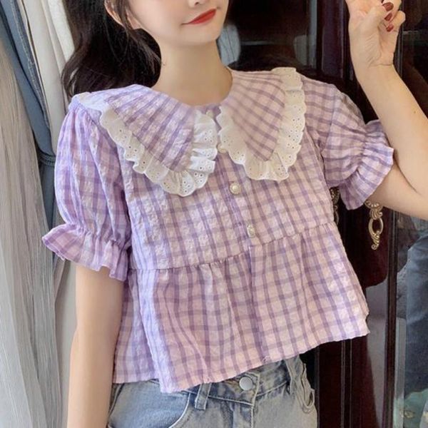 women's blouses & shirts summer plaid chiffon women elegant lace patchwork kawaii female casual japanese style sweet korean blouse, White
women's blouses & shirts summer plaid chiffon women elegant lace patchwork kawaii female casual japanese style sweet korean blouse, White