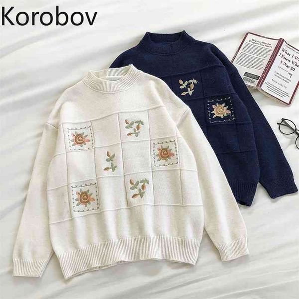 korobov japanese vintage women sweaters korean o neck long sleeve winter pullovers preppy style flower embroidery sueter mujer 210430, White;black
korobov japanese vintage women sweaters korean o neck long sleeve winter pullovers preppy style flower embroidery sueter mujer 210430, White;black