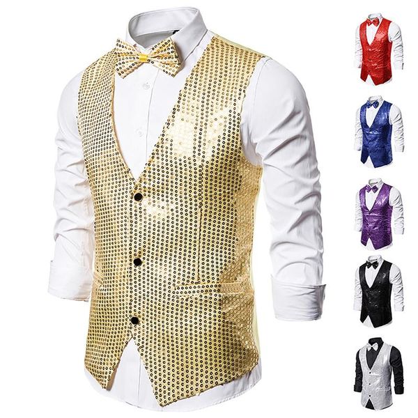 men's vests shiny gold sequin sparkling waistcoat men slim fit v neck 2 pieces mens vest with bowtie wedding party stage prom costume g, Black;white
men's vests shiny gold sequin sparkling waistcoat men slim fit v neck 2 pieces mens vest with bowtie wedding party stage prom costume g, Black;white