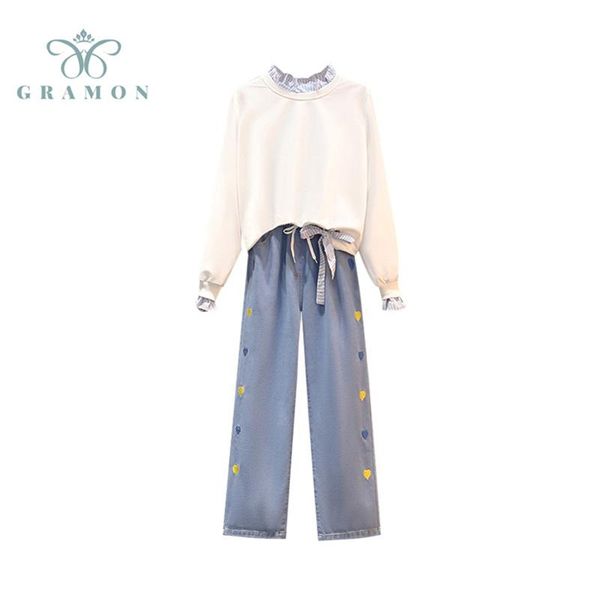 women's two piece pants autumn plus size sets women long sleeve ruffles hooded +high waigh jeans suit 2021 feminina fashion outfits, White
women's two piece pants autumn plus size sets women long sleeve ruffles hooded +high waigh jeans suit 2021 feminina fashion outfits, White