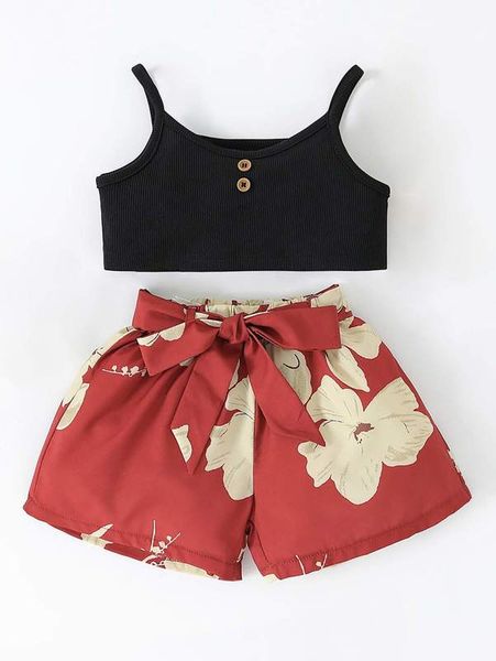 baby fake button cami & floral print belted shorts she02, White
baby fake button cami & floral print belted shorts she02, White