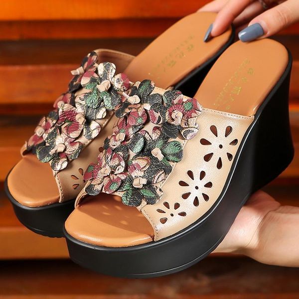 women slippers leather shoes summer high heels wedge handmade genuine beach flowers fish mouth, Black
women slippers leather shoes summer high heels wedge handmade genuine beach flowers fish mouth, Black