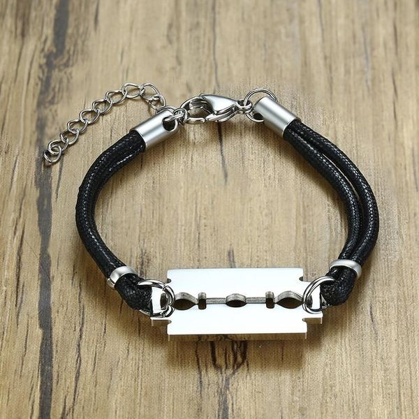 cuff stainless steel razor blade black double leather bracelet for men adjustable braided men's brackelts brazalet male jewelry, White
cuff stainless steel razor blade black double leather bracelet for men adjustable braided men's brackelts brazalet male jewelry, White