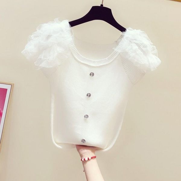 women's blouses & shirts ruffles button knitted women 2021 summer slash neck short-sleeved solid lady elegant pulls outwear quality, White
women's blouses & shirts ruffles button knitted women 2021 summer slash neck short-sleeved solid lady elegant pulls outwear quality, White
