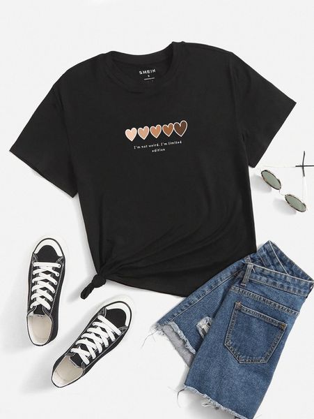 slogan & heart print tee e05i#, White