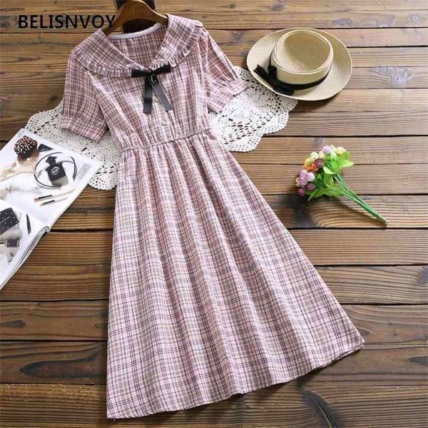 summer japan style dresses women elegant plaid ruffles bow collar lantern sleeve vintage vestidos cotton linen girls sweet dress 210520, Black;gray
summer japan style dresses women elegant plaid ruffles bow collar lantern sleeve vintage vestidos cotton linen girls sweet dress 210520, Black;gray