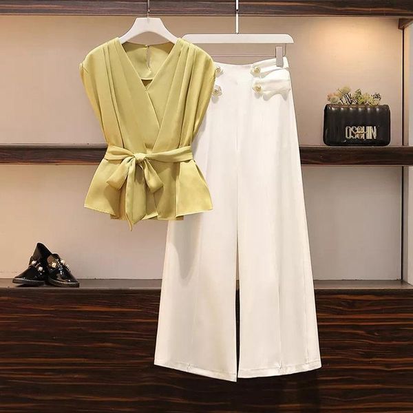women's two piece pants plus size ladies fashion office suit yellow v-neck blouse and nine-point wide-leg summer two-piece set female a, White
women's two piece pants plus size ladies fashion office suit yellow v-neck blouse and nine-point wide-leg summer two-piece set female a, White