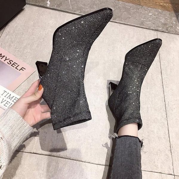 boots slim stretch ankle for women pointed toe sock square high heel shoes woman fashion crystal shine female, Black
boots slim stretch ankle for women pointed toe sock square high heel shoes woman fashion crystal shine female, Black