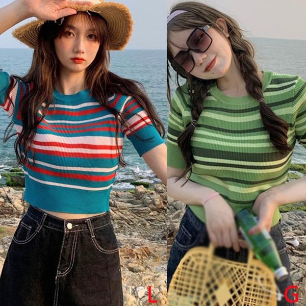 women's o-neck color striped slim casual navel exposed knit short-sleeved t-shirt, White
women's o-neck color striped slim casual navel exposed knit short-sleeved t-shirt, White