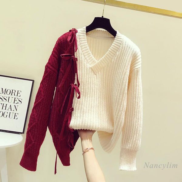 women's sweaters irregular lace up color-block v neck loose pullover sweater autumn and winter jumper lady knitwear 2022, White;black
women's sweaters irregular lace up color-block v neck loose pullover sweater autumn and winter jumper lady knitwear 2022, White;black
