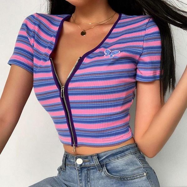 women's t-shirt 2021 vintage colorful striped zipped front butterfly embroidered crop summer ribbed v-neck short sleeve cardigan t-shi, White
women's t-shirt 2021 vintage colorful striped zipped front butterfly embroidered crop summer ribbed v-neck short sleeve cardigan t-shi, White