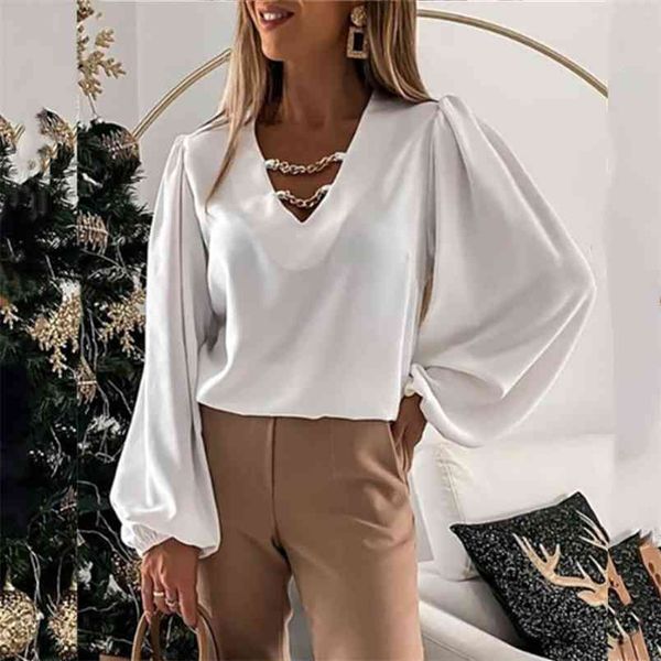 spring summer white blouse women casual loose lantern sleeve v-neck chain decor splicing shirts female fashion solid blusas 210522
spring summer white blouse women casual loose lantern sleeve v-neck chain decor splicing shirts female fashion solid blusas 210522