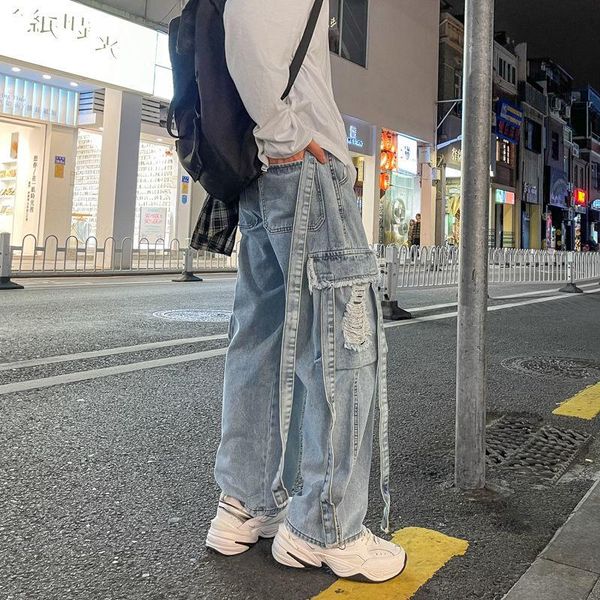 men's jeans hip-hop ripped fashion retro casual pocket tooling wide leg men streetwear loose straight denim trousers mens, Blue 
men's jeans hip-hop ripped fashion retro casual pocket tooling wide leg men streetwear loose straight denim trousers mens, Blue