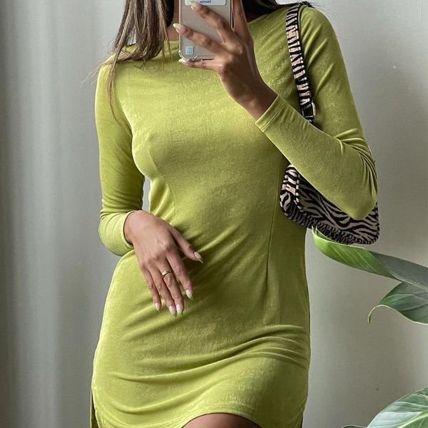 casual dresses autumn simple pencil slim bodycon long sleeve split hem round neck mini dress woman solid green basic robes, Black;gray
casual dresses autumn simple pencil slim bodycon long sleeve split hem round neck mini dress woman solid green basic robes, Black;gray