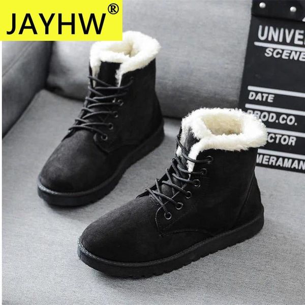 female autumn and winter snow boots warm flat platform lace up ladies women shoes flock fur suede ankle, Black