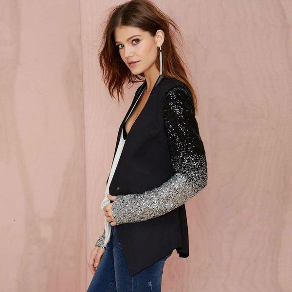 women's suits & blazers women spring fashion pu patchwork blazer mujer black silver embroidered sequins full sleeve winter coat outwear, White;black
women's suits & blazers women spring fashion pu patchwork blazer mujer black silver embroidered sequins full sleeve winter coat outwear, White;black