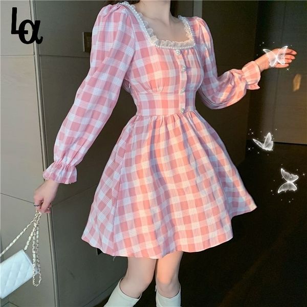 square collar lace pink plaid beading dress flare sleeve cute kawaii feminine japanese women mini lolita 210519, Black;gray
square collar lace pink plaid beading dress flare sleeve cute kawaii feminine japanese women mini lolita 210519, Black;gray