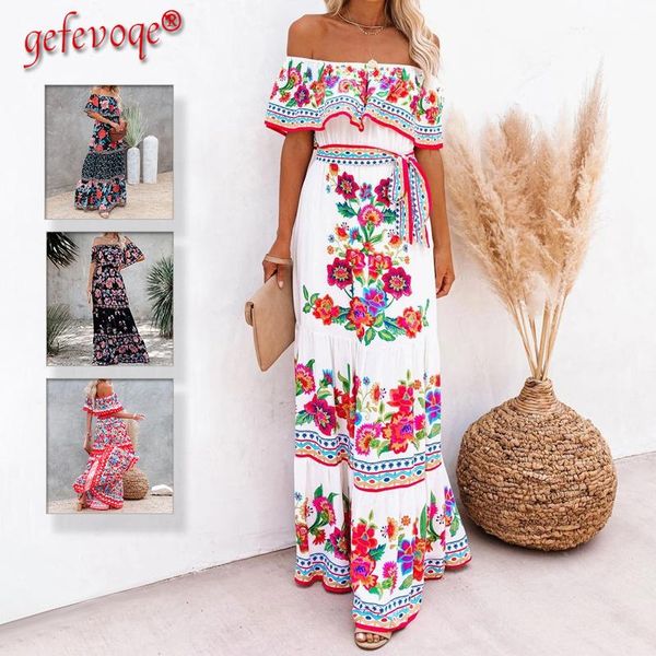 summer print vintage long dresses for women off-shoulder ruffle fashion boho party maxi dress 2022 ladies beach sundress, Black;gray 
summer print vintage long dresses for women off-shoulder ruffle fashion boho party maxi dress 2022 ladies beach sundress, Black;gray