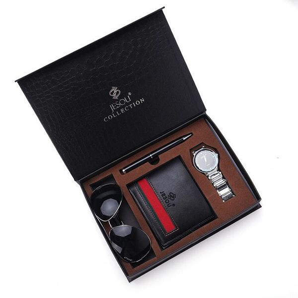 wristwatches creative 4pcs men's watches gift set fashion quartz steel watch glasses leather wallet signing pen gifts for men festival, Slivery;brown
wristwatches creative 4pcs men's watches gift set fashion quartz steel watch glasses leather wallet signing pen gifts for men festival, Slivery;brown