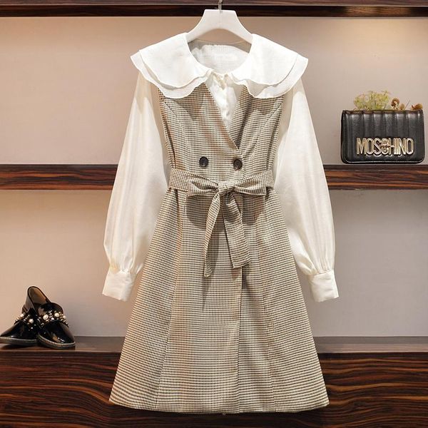 two piece dress 5xl plus size women sweet korean pieces set white long sleeve cotton blouse and plaid bow waist vest office lady elegant
two piece dress 5xl plus size women sweet korean pieces set white long sleeve cotton blouse and plaid bow waist vest office lady elegant
