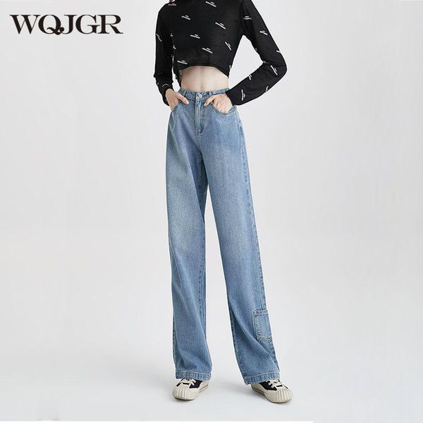 high waist jeans women full length wide leg pants pocket decoration boyfriend for women's, Blue
high waist jeans women full length wide leg pants pocket decoration boyfriend for women's, Blue