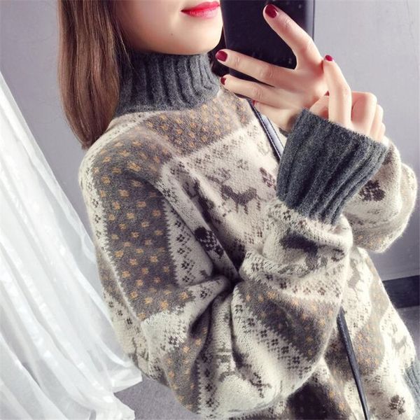 christmas deer loose female 2021 autumn and winter striped long-sleeved thick warm jacquard sweater, White;black
christmas deer loose female 2021 autumn and winter striped long-sleeved thick warm jacquard sweater, White;black