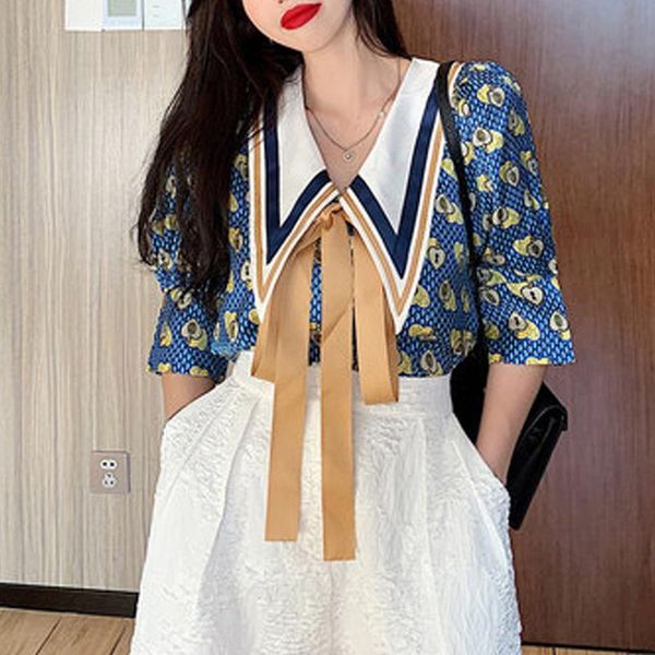women's blouses & shirts women fashion summer short-sleeved bow printed chiffon patchwork peter-pan lapel vintage sweet blue, White
women's blouses & shirts women fashion summer short-sleeved bow printed chiffon patchwork peter-pan lapel vintage sweet blue, White