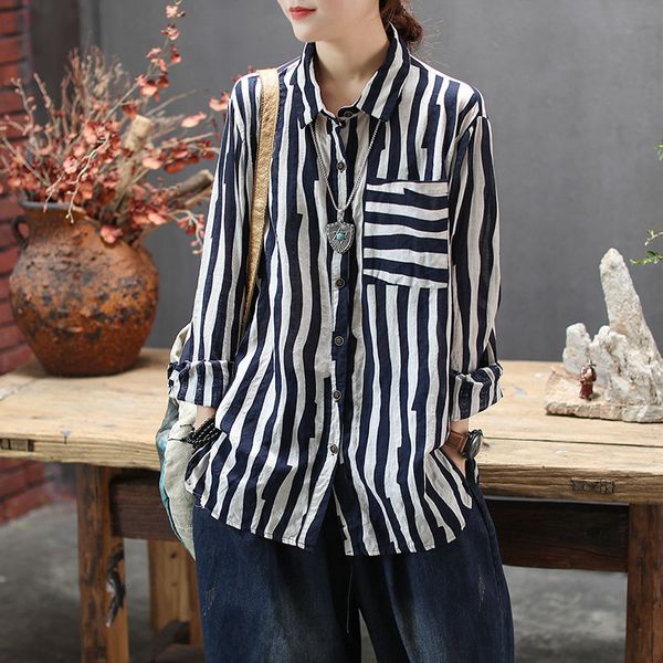 women's blouses & shirts spring autumn arts style women long sleeve loose vintage striped cotton linen turn-down collar blouse fem, White
women's blouses & shirts spring autumn arts style women long sleeve loose vintage striped cotton linen turn-down collar blouse fem, White