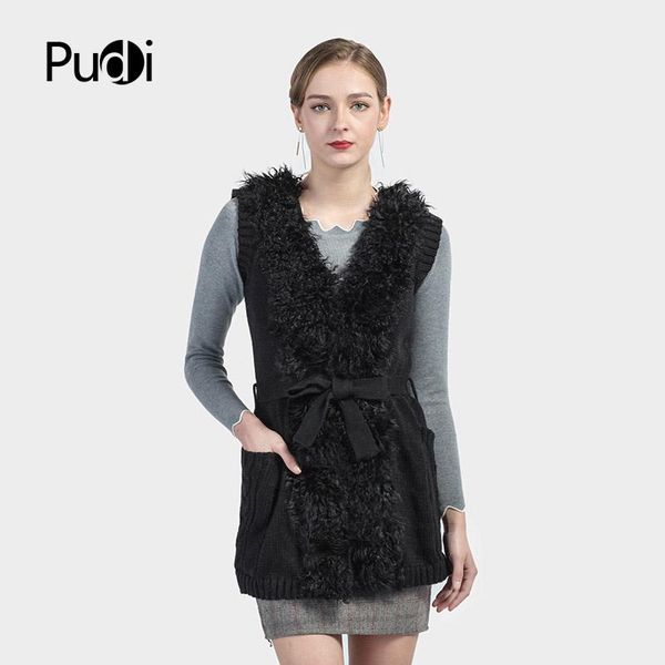 women's vests vt7015 women knitted vest waistcoat/jackets garment sleeveless gielt with belt mongolian fur collar, Black;white 
women's vests vt7015 women knitted vest waistcoat/jackets garment sleeveless gielt with belt mongolian fur collar, Black;white