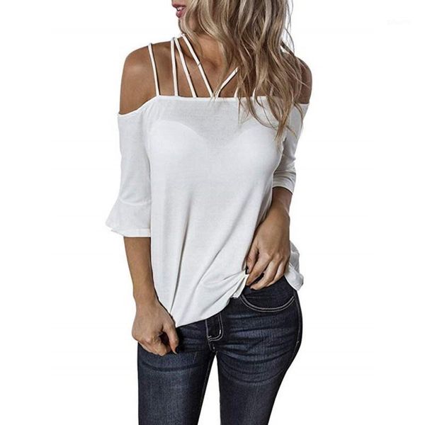 women's t-shirt women sling strapless halter trumpet sleeve solid color casual pullover loose summer, White
women's t-shirt women sling strapless halter trumpet sleeve solid color casual pullover loose summer, White