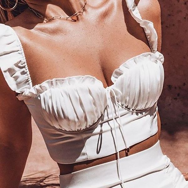 women elegant ruffle crop shirt ladies sleeveless halter slim fit drawstring short t-shirt women's, White
women elegant ruffle crop shirt ladies sleeveless halter slim fit drawstring short t-shirt women's, White