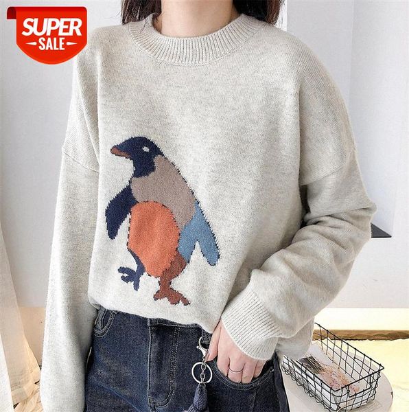 011684 round neck penguin embroidery pattern loose pullover sweater women contrast color knit #yb2b, Black;gray
011684 round neck penguin embroidery pattern loose pullover sweater women contrast color knit #yb2b, Black;gray