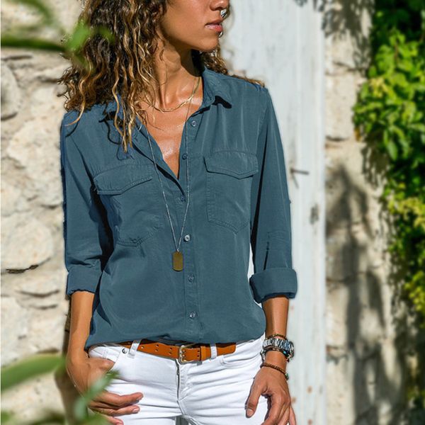 2021 spring summer casual and blouse women long sleeve button pocket black solid turn-down collar shirt, White
2021 spring summer casual and blouse women long sleeve button pocket black solid turn-down collar shirt, White