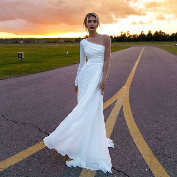 long sleeves beach wedding dresses bridal gowns one shoulder 2021 illusion pearls beaded boho mariage with side split chiffon a-line bride d, White
long sleeves beach wedding dresses bridal gowns one shoulder 2021 illusion pearls beaded boho mariage with side split chiffon a-line bride d, White