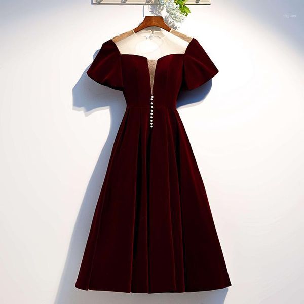 party dresses burgundy velvet dress sheer neckline lace-up back tea length prom gowns, White;black
party dresses burgundy velvet dress sheer neckline lace-up back tea length prom gowns, White;black