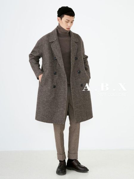men's wool & blends winter double-faced woolen goods herringbone coat mid-length thickened cashmere double-breasted, Black
men's wool & blends winter double-faced woolen goods herringbone coat mid-length thickened cashmere double-breasted, Black