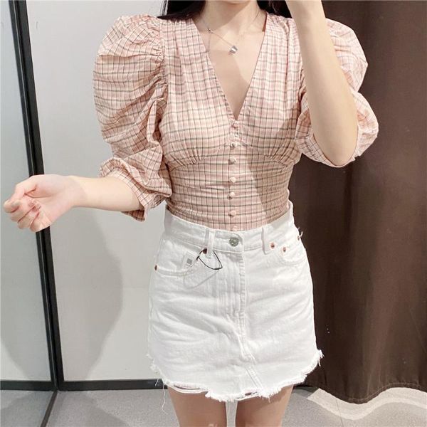 autumn women's style retro check v-neck lamb leg sleeves french fashion simple waist slim short shirt blouses & shirts, White
autumn women's style retro check v-neck lamb leg sleeves french fashion simple waist slim short shirt blouses & shirts, White