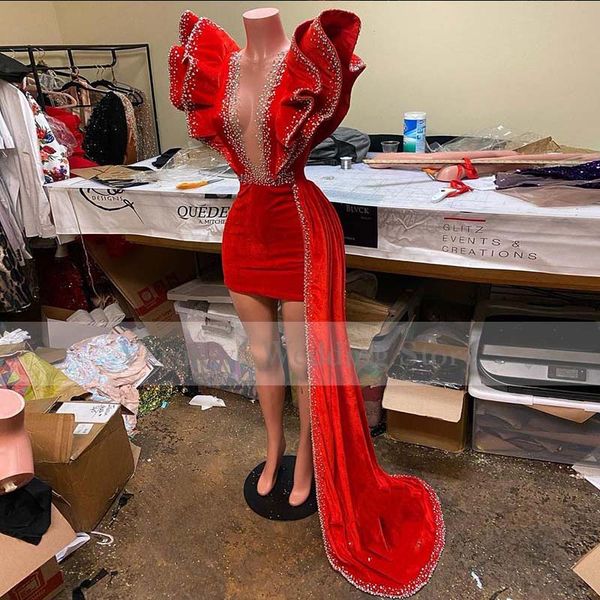 short velvet prom dress beaded ruffle sleeves real picture knee length african black girl evening party dresses 2021
short velvet prom dress beaded ruffle sleeves real picture knee length african black girl evening party dresses 2021
