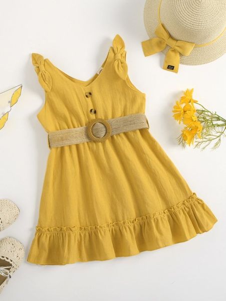 toddler girls bow shoulder ruffle hem belted dress without hat she, Red;yellow