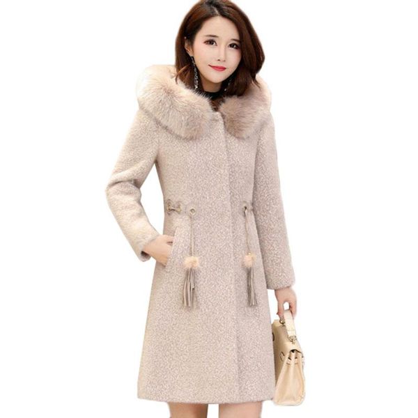 women's wool & blends hooded fur collar coat women winter fashion imitate mink velvet female large size mid long pink woolen outerwear, Black 
women's wool & blends hooded fur collar coat women winter fashion imitate mink velvet female large size mid long pink woolen outerwear, Black