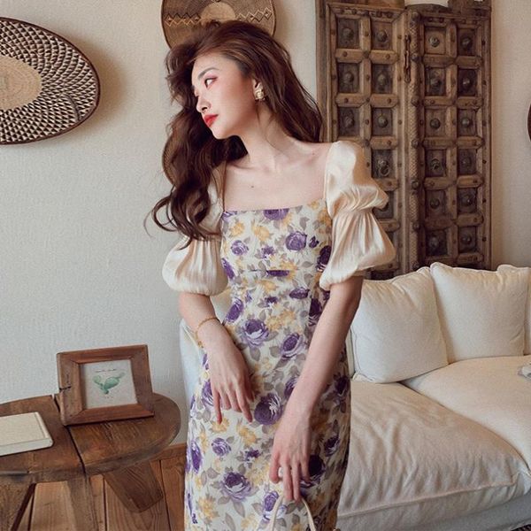 party dresses bubble sleeves crushed flower retro women's collar dress 2021 summer flowers waist french temperament style, White;black
party dresses bubble sleeves crushed flower retro women's collar dress 2021 summer flowers waist french temperament style, White;black
