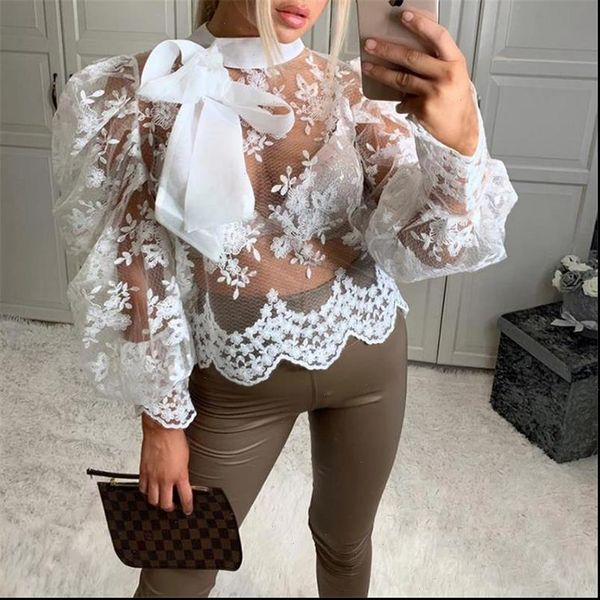 women shirts lace crochet sheer mesh puff sleeve shirt blouse outwear loose casual see through bowknot, White
women shirts lace crochet sheer mesh puff sleeve shirt blouse outwear loose casual see through bowknot, White