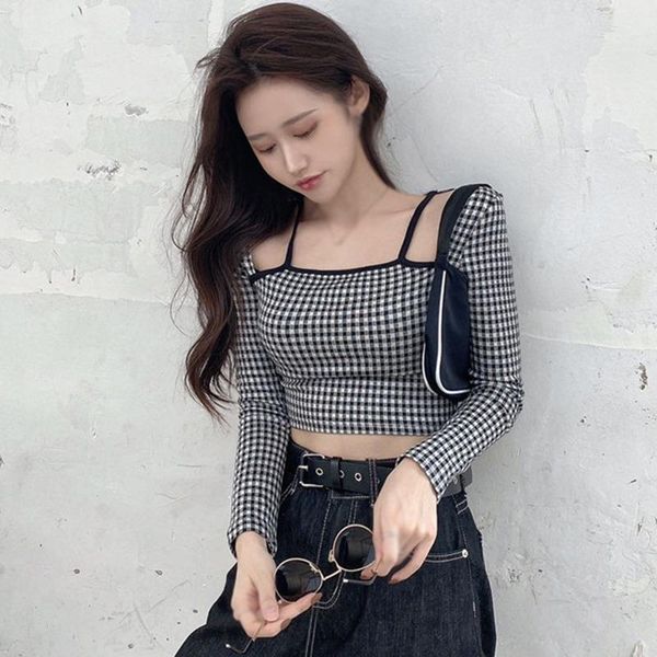 women's t-shirt plaid square collar hollow out 2021 spring slim navel exposed long sleeved, White
women's t-shirt plaid square collar hollow out 2021 spring slim navel exposed long sleeved, White